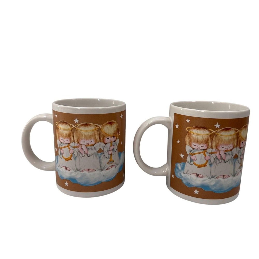 Vintage Hallmark Angel Mug Set Cherub Star Pattern Harvest‎ Coffee Christmas Cup